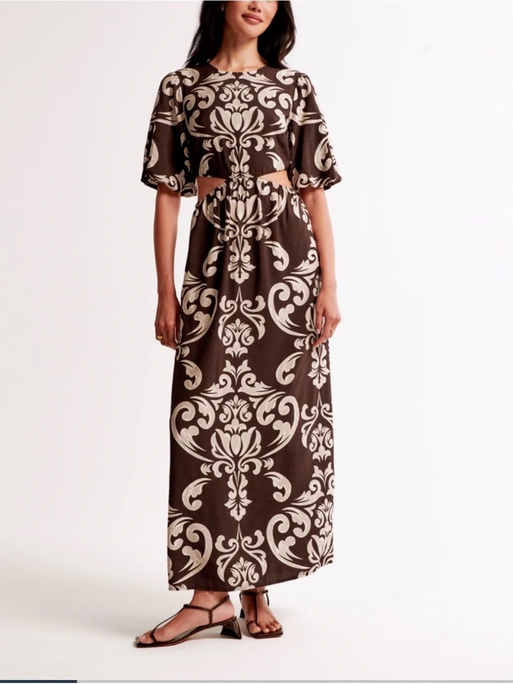 Short Sleeve Brown & Cream Cutout Maxi Dress